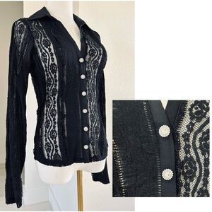 Peach Romantic Black Lace Rhinestone Button Down Top Womens S